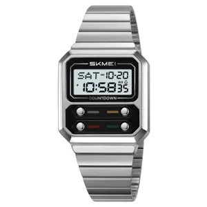 SKMEI Men Vintage Digital Watch Stainless Steel Square Case Multi-Function Wristwatch
