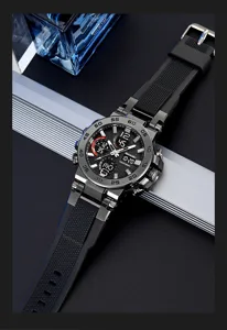 Men dual display sports watch with black rubber strap and metal bezel for daily wear.