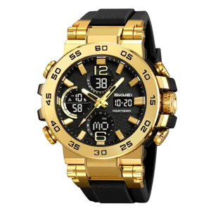 SKMEI men's dual display sports watch gold metal case black rubber strap waterproof digital watch