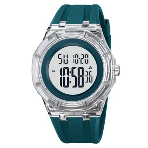 Fashion digital watch with teal silicone strap and transparent octagonal bezel for men and women
