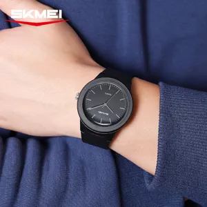 SKMEI men's quartz watch with black dial and silicone strap, stylish casual wristwatch.