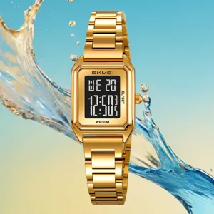 Montre Numérique SKMEI pour Femmes Carrée Bracelet en Acier Inoxydable Étanche Lumineuse Multifonctionnelle Rétro