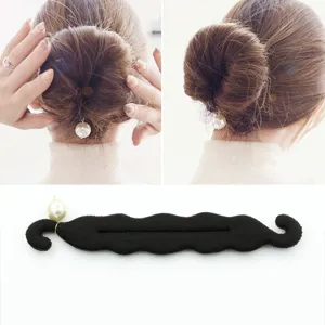 Elegant Black Fabric Hair Bun Maker Tool With Large Artificial Pearl Wave Design Styling Hair Curler For Women Hair Accessory