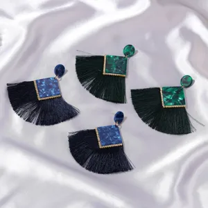 Bohemian fan shape tassel earrings with marbled resin square and sparkling rhinestones.