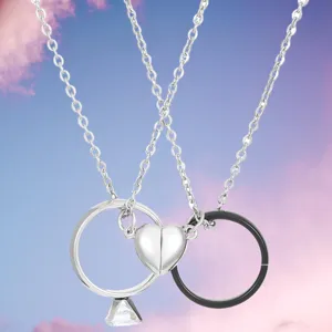Romantic Alloy Rhinestone Couple Matching Necklace Set Magnetic Heart Pendant Ring Necklaces For Lovers Dating Valentine Jewelry Gift