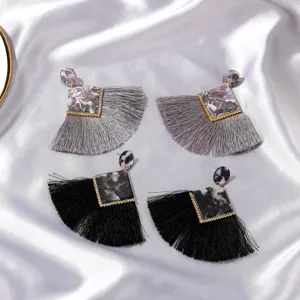 Bohemian fan-shaped tassel earrings with marbled resin and rhinestone details for women.