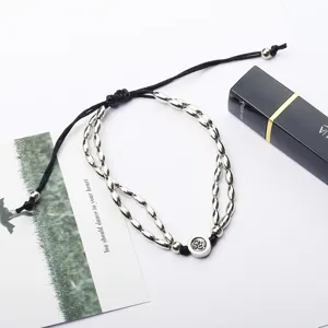 Cavigliera con corda intrecciata di perle a doppio strato stile retro moda spiaggia