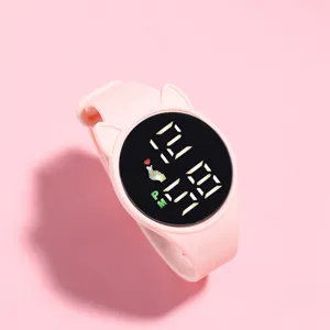 Orologio elettronico LED rosa con orecchie di gatto per studenti, grazioso orologio digitale.