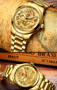 Luxus goldene edelstahl quarzuhr mit 3D drachen zifferblatt und diamant indexen.