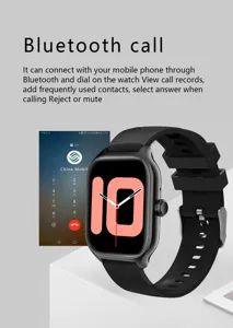 Smartwatch detail view showing Bluetooth call function, black silicone strap and dial interface.