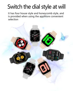 Detailed view of smart watch showcasing multiple interchangeable dial styles and color straps.