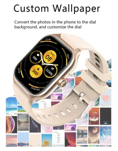Detailed view of the smart watch featuring custom wallpaper display and beige silicone strap.