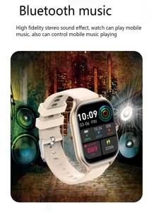 Smartwatch with Bluetooth music playback, heart rate monitor and silicone strap for sports.
