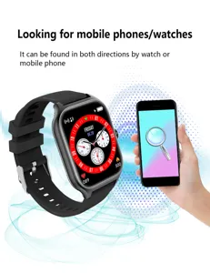Smartwatch detail view showing find phone feature, black silicone strap and color display.