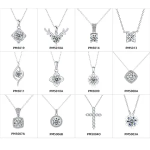 Silver moissanite pendant necklace collection featuring various elegant geometric and floral styles.