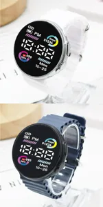 Fashion LED electronic watch with silicone strap, round digital display for student sports.