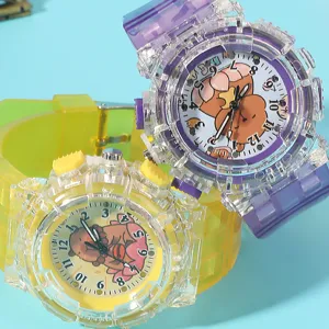 Orologio al quarzo con simpatico cartone animato per bambini e cinturino colorato trasparente.