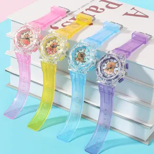 Orologio al quarzo trasparente e colorato per bambini con quadrante animale e cinturino.