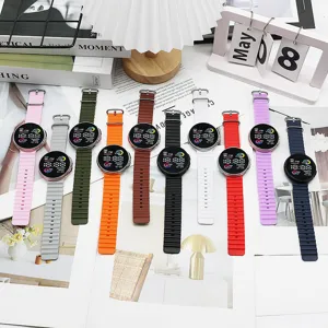 Colorful LED electronic watch detail view showing silicone strap options and screen display.