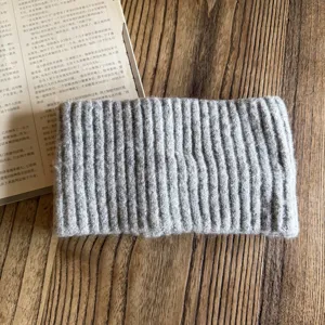 Detailed view of the cozy gray wool blend knitted headband, showing fine ribbed texture.