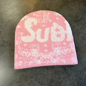Rosa weiße Jacquard Strickmütze Herbst Winter warme Hip-Hop Stil Totenkopf Mütze für den Alltag