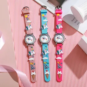 Cute children quartz watch with silicone strap and cute unicorn design for kids.