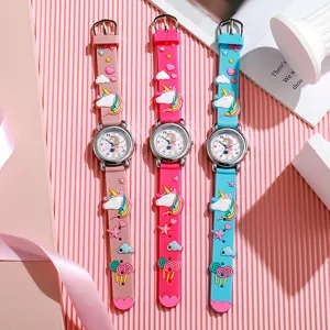Kids cute unicorn quartz watch with colorful silicone strap detail, perfect for children daily wear.