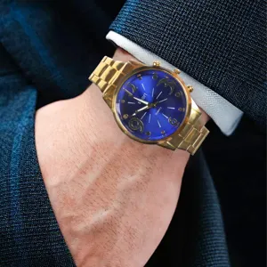 Men's fashion quartz watch with gold steel strap and blue dial, elegant business casual timepiece.
