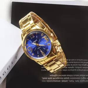Detailed view of luxury gold quartz watch with blue dial, elegant design for men.