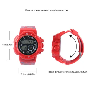 Children camouflage waterproof digital watch dimension guide with detailed size specs.