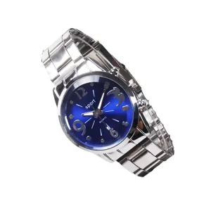 Men's fashion quartz watch with stainless steel strap and blue dial for business casual wear.