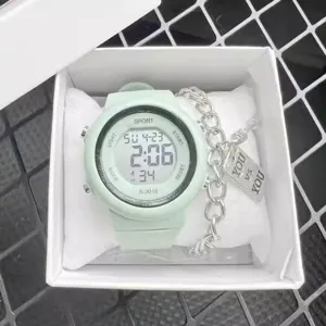 Preppy Style Minimalist Digital Watch For Students Rubber Strap Sport Electronic Watch With Metal Chain Bracelet Gift Box Set