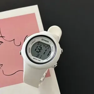 Minimalist white digital watch for students, stylish waterproof sports electronic timepiece.