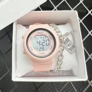 Pink digital electronic sports watch for students, stylish casual wristwatch with chain