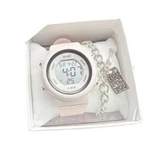 Pink digital sports watch with chain bracelet gift box set, student casual waterproof watch.