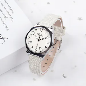 Canvas strap casual quartz watch with white dial and Arabic numerals for daily wear.