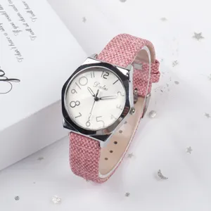 Pink canvas strap quartz watch with white dial, casual style students wristwatch for daily wear.
