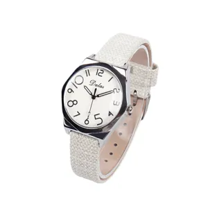 Casual canvas strap quartz watch for students, stylish minimalist design with clear white dial.
