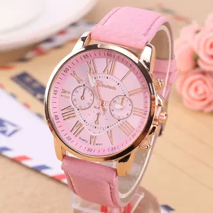 Damen Rosa Quarz Uhr mit Roségold Gehäuse und Lederarmband Modische Freizeit Armbanduhr