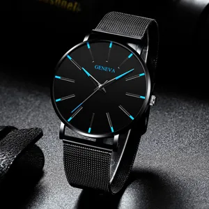 Minimalistische Herren Quarzuhr mit edlem schwarzem Mesh Armband und blauen Zeigern.