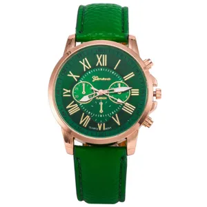 Damen Mode grüne Lederarmband Quarz Uhr mit elegantem Roségold Gehäuse für Alltag.