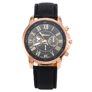 Damenmode Quarzuhr mit römischen Ziffern schwarzes Zifferblatt und PU Lederarmband elegante Armbanduhr