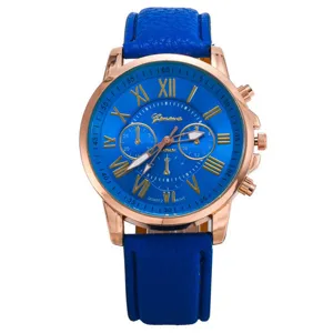 Elegante blaue Lederarmband Quarzuhr mit Roségold Gehäuse und römischen Ziffern für Damen.