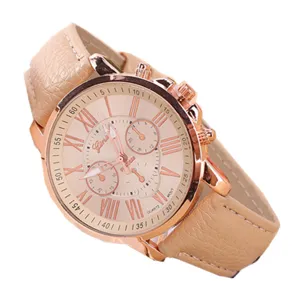 Damen Mode Quarzuhr Römische Ziffern Zifferblatt Beiges Lederarmband Elegante Armbanduhr