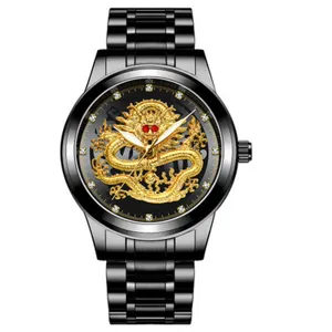 Chinesische Drachen Uhr wasserdicht Edelstahl Quarz Armbanduhr fuer Herren und Damen Trend