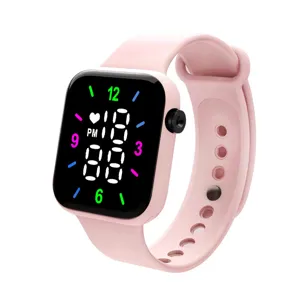 Reloj electrónico LED digital cuadrado rosa con correa de silicona suave para uso diario