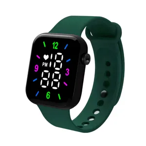 Reloj digital LED cuadrado con correa de silicona verde oscuro y varias funciones.