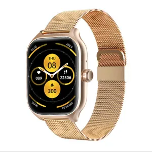 Gold metal mesh strap square smartwatch with fitness tracking and digital watch face display.