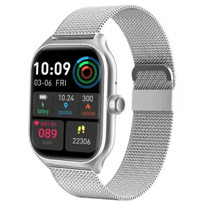 Smart watch with silver metal mesh strap and square digital display face, main product view