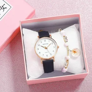 Conjunto reloj de cuarzo mujer correa negra esfera blanca y pulsera de cuentas caja rosa